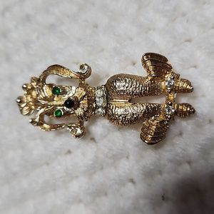 Vintage Gold Tone Poodle Miss With Green Eyes and Black Nose